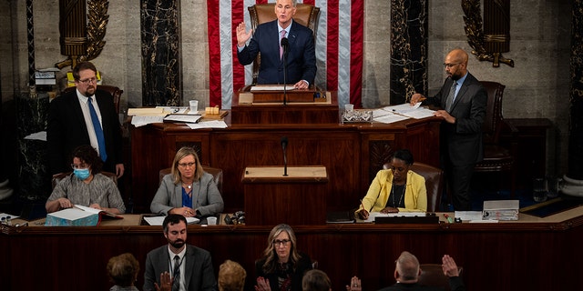 Speaker of the House Kevin McCarthy (R-CA) swears in the officers of the House of Representatives in the House Chamber of the U.S. Capitol Building on Saturday, Jan. 7, 2023 in Washington, DC.