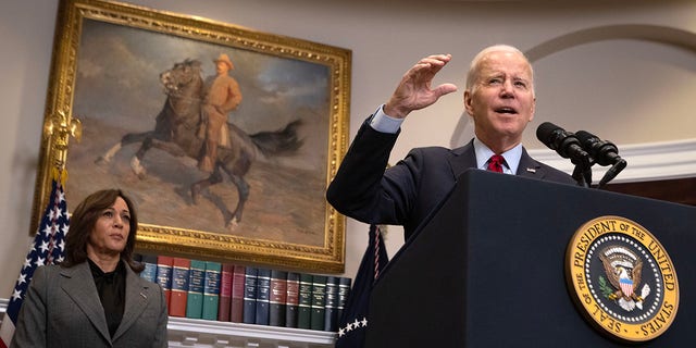President Joe Biden delivers remarks on border security with Vice President Kamala Harris, left, in Washington, DC on Jan. 5, 2023. 