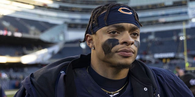 Chicago Bears quarterback Justin Fields leaves the field after a 25-20 loss to the Philadelphia Eagles at Soldier Field Dec. 18, 2022, in Chicago. 