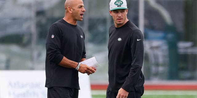 Head coach Robert Saleh, left, of the New York Jets stands next to offensive coordinator Mike LaFleur during a morning practice at Atlantic Health Jets Training Center on July 29, 2021, in Florham Park, New Jersey.