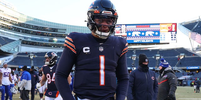Justin Fields of the Chicago Bears reacts after a game against the Buffalo Bills at Soldier Field Dec. 24, 2022, in Chicago. 