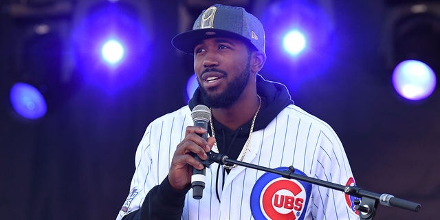 Chicago Cubs center fielder Dexter Fowler during the Chicago Cubs' World Series victory rally Nov. 4, 2016, at Grant Park in Chicago. 