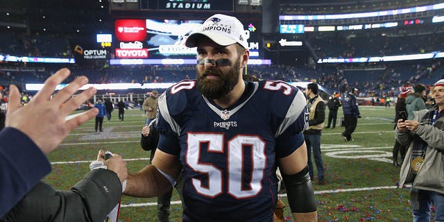 Rob Ninkovich, #50 of the New England Patriots, walks off the field after defeating the Pittsburgh Steelers 36-17 to win the AFC Championship Game at Gillette Stadium on Jan. 22, 2017 in Foxboro, Massachusetts.  