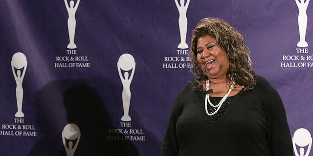 Presenter Aretha Franklin answers questions in the press room at the 22nd annual Rock and Roll Hall of Fame induction ceremony at the Waldorf Astoria Hotel on March 12, 2007, in New York City.  