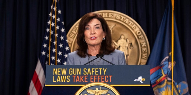 New York Gov. Kathy Hochul speaks during a press conference about upcoming Gun Free Zone implementation at Times Square, Wednesday, Aug. 31, 2022, in New York. 