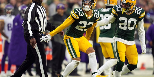 Green Bay Packers cornerback Jaire Alexander (23) dances after breaking up a pass meant for Minnesota Vikings wide receiver Justin Jefferson in the first quarter of an NFL football game in Green Bay, Wis., on Sunday, Jan. 1, 2023. 