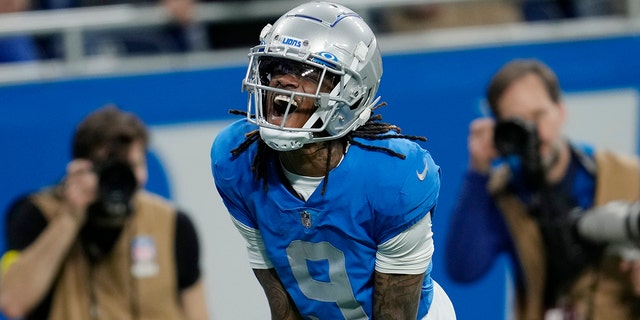 Detroit Lions wide receiver Jameson Williams (9) reacts after a play during the second half of an NFL football game against the Chicago Bears, Sunday, Jan. 1, 2023, in Detroit. 
