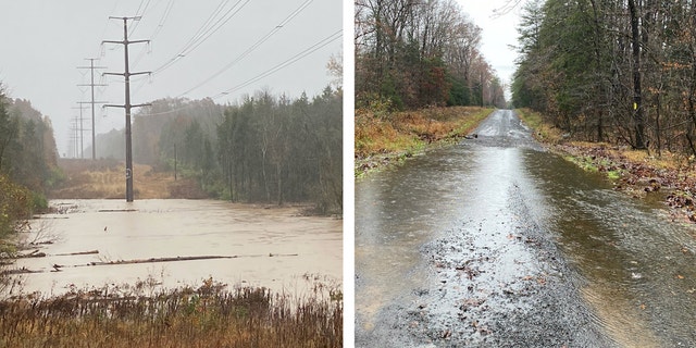 Photographs show water runoff in Culpeper, Va., near the area of the proposed project, during a 2020 rainstorm. Opponents of the Maroon Solar project say runoff would become worse because of the project and potentially contaminate the water.