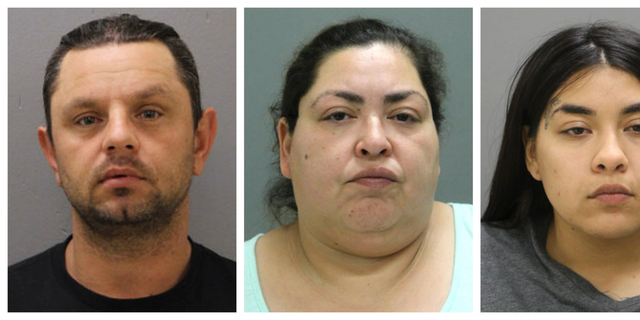 This combination of booking photos provided by the Chicago Police Department on Thursday, May 16, 2019 shows from left, Pioter Bobak, 40; Clarisa Figueroa, 46; and Desiree Figueroa, 24. Charges against them come three weeks after 19-year-old Marlen Ochoa-Lopez disappeared and a day after her body was discovered in a garbage can in the backyard of Clarissa Figueroa's home in Chicago's Southwest Side. Police said the teenager was strangled and her baby cut from her body. 