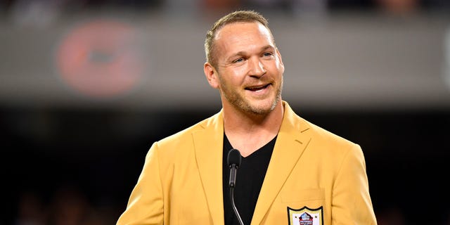 Brian Urlacher is honored with a Ring of Excellence ceremony for his recent induction into the Hall of Fame at Soldier Field on September 17, 2018, in Chicago, Illinois.