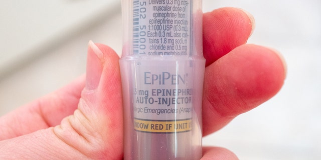 Close-up of an EpiPen logo on an epinephrine auto-injector held in a person's hand, Feb. 17, 2021.