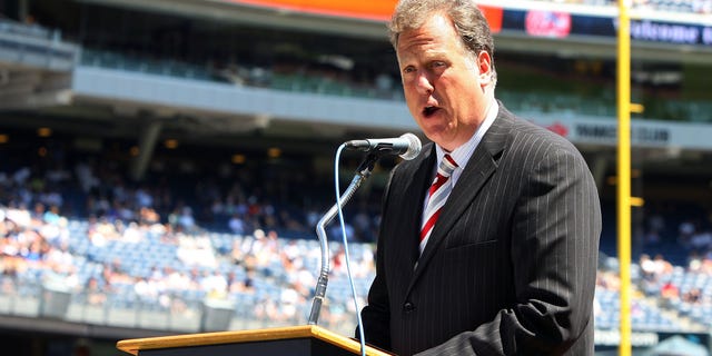 New York Yankees television broadcaster Michael Kay speaks during the teams 63rd Old Timers Day before the game against the Detroit Tigers on July 19, 2009 at Yankee Stadium in the Bronx borough of New York City. 