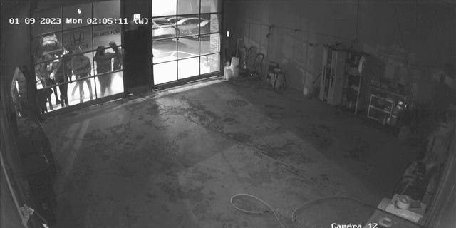 Security camera footage shows thieves peering into the garage at Exclusive Autohaus, a luxury car dealership in Cook County, Illinois. 