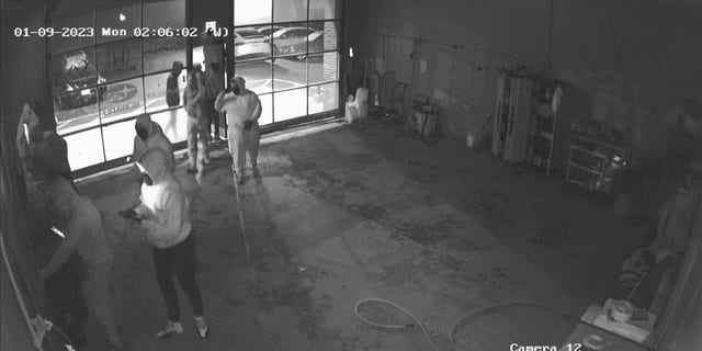 A group of at least 10 thieves used a brick to smash the car dealership's window and unlock the door, gaining entry into the building. 