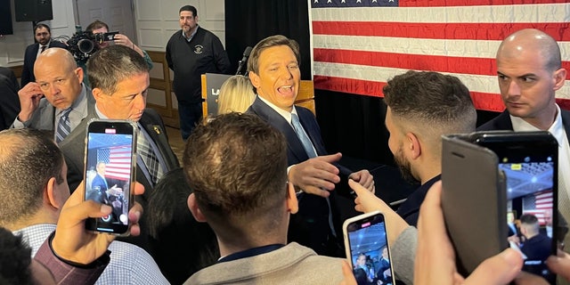 Republican Gov. Ron DeSantis of Florida shakes hands with supporters at an event in the New York City borough of Staten Island, after giving a speech on law enforcement, on Feb. 20, 2023