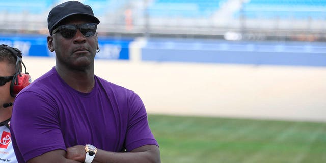 Michael Jordan, co-owner of 23xi racing, watches the action on pit road during qualifying for the 2nd annual Ally 400 on June 25, 2022, at Nashville SuperSpeedway in Tennessee.