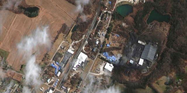This satellite image provided by Maxar Technologies shows an overview of the aftermath of the Norfolk Southern train derailment