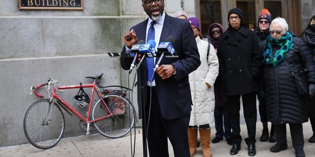 Chicago mayoral candidate and Cook County Commissioner Brandon Johnson speaks during a press conference outside of City Hall to explain his proposed agenda if elected mayor on Jan. 24, 2023, in Chicago.