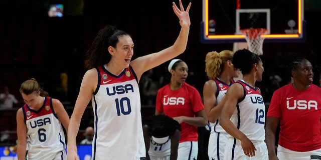 Breanna Stewart waves to the crowd following the win over Bosnia and Herzegovina at the Women's Basketball World Cup in Sydney, Australia, on Sept. 27, 2022.