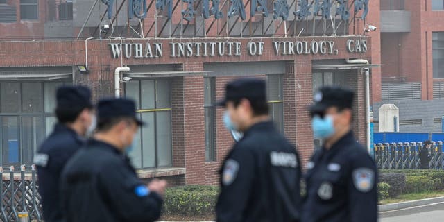 Security personnel stand guard outside the Wuhan Institute of Virology in Wuhan as members of the World Health Organization (WHO) team investigating the origins of the COVID-19 coronavirus make a visit to the institute in Wuhan in China's central Hubei province on February 3, 2021.