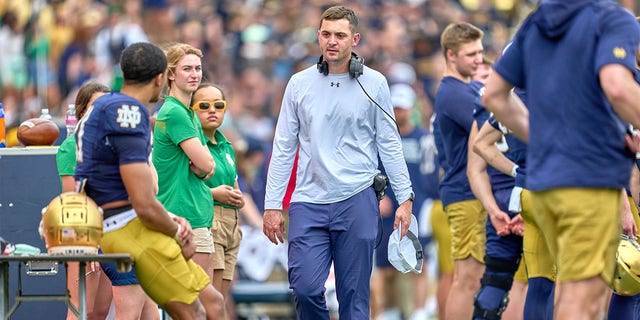 Fighting Irish offensive coordinator Tommy Rees during the Blue-Gold Spring Football Game on April 23, 2022, at Notre Dame Stadium in South Bend, Indiana.