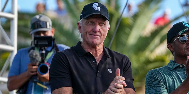 Greg Norman, CEO and commissioner of LIV Golf, is introduced to the crowd during the team championship stroke play round of the LIV Golf Invitational — Miami at Trump National Doral Miami Oct. 30, 2022, in Doral, Fla. 
