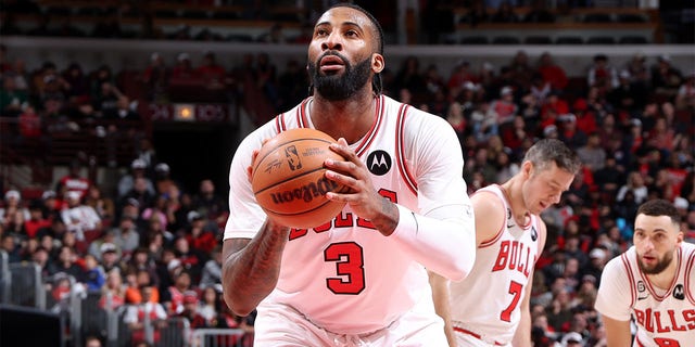 Andre Drummond, #3 of the Chicago Bulls, prepares to shoot a free throw during the game against the Charlotte Hornets on February 2, 2023, at United Center in Chicago, Illinois. 