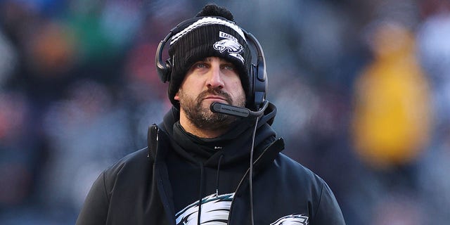 Head coach Nick Sirianni of the Philadelphia Eagles watches the Bears game at Soldier Field on Dec. 18, 2022, in Chicago.