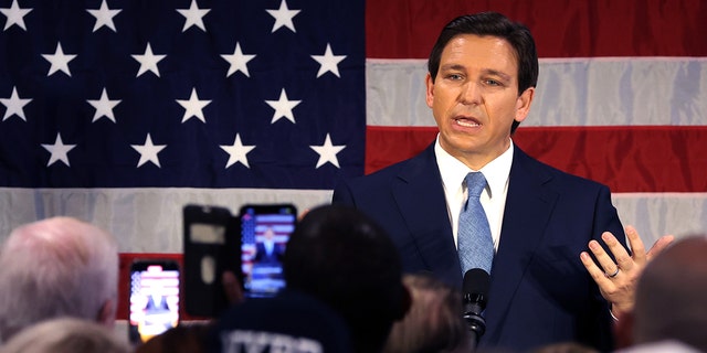 Florida Gov. Ron DeSantis speaks to police officers about protecting law and order at Prive catering hall on Feb. 20, 2023, in Staten Island.