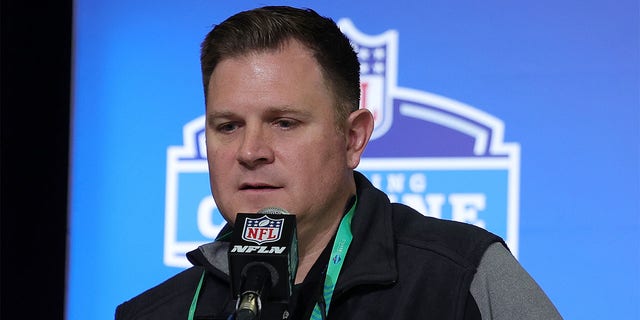 General manager Brian Gutekunst of the Green Bay Packers speaks to the media during the NFL Combine at the Indiana Convention Center on Feb. 28, 2023, in Indianapolis.