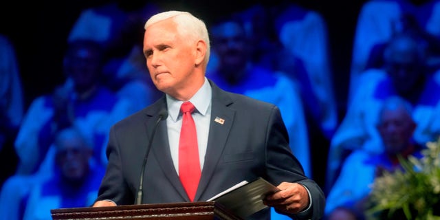 Former Vice President Mike Pence concludes his speech at Florence Baptist Temple on Wednesday, July 20, 2022, in Florence, South Carolina (AP Photo/Meg Kinnard)