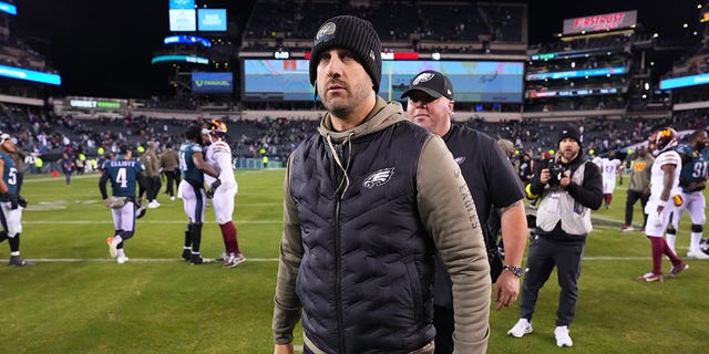 Eagles head coach Nick Sirianni walks off the field after the Washington Commanders game at Lincoln Financial Field on Nov. 14, 2022, in Philadelphia.