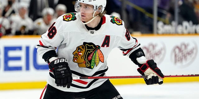 In this April 3, 2021, file photo, Chicago Blackhawks right wing Patrick Kane (88) skates against the Nashville Predators during the third period of an NHL hockey game in Nashville.