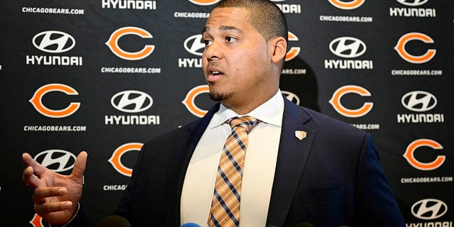 General manager Ryan Poles addresses questions after Kevin Warren was introduced as Chicago Bears president and CEO at Halas Hall on Jan. 17, 2023, in Lake Forest, Illinois.