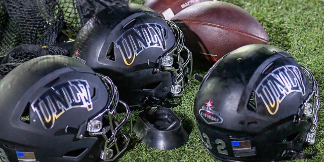 UNLV Rebels kicking team helmets and gear wait on the sidelines during the game between UNLV Rebels and San Jose State Spartans on Friday, October 07, 2022, at CEFCU Stadium in San Jose, California.
