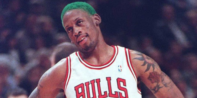 Chicago Bulls forward Dennis Rodman looks at a referee after being called for illegal defense against the New York Knicks during the first quarter at the United Center in Chicago.