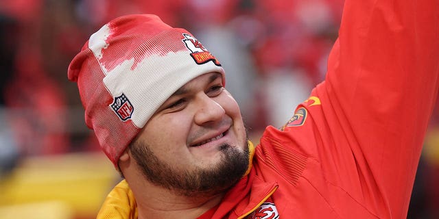 Chiefs guard Nick Allegretti before the playoff game against the Jacksonville Jaguars on Jan. 21, 2023, at GEHA Field at Arrowhead Stadium in Kansas City, Missouri.