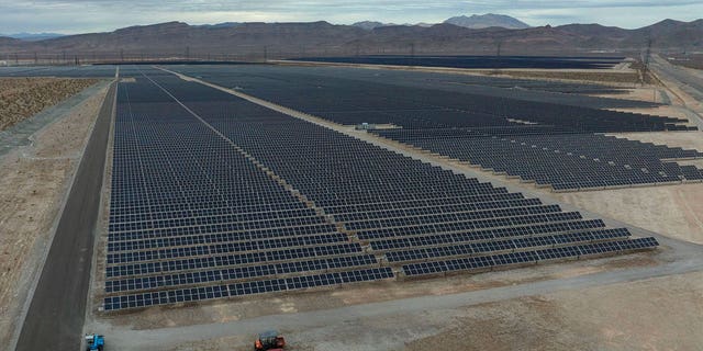 The MGM Mega Solar Array facility is seen in an aerial view northeast of Las Vegas on Jan. 10, 2023. Mohammed Reza Mesmarian, 34, is facing charges including terrorism, arson, and destruction of property and escape, after he allegedly attacked the solar facility.