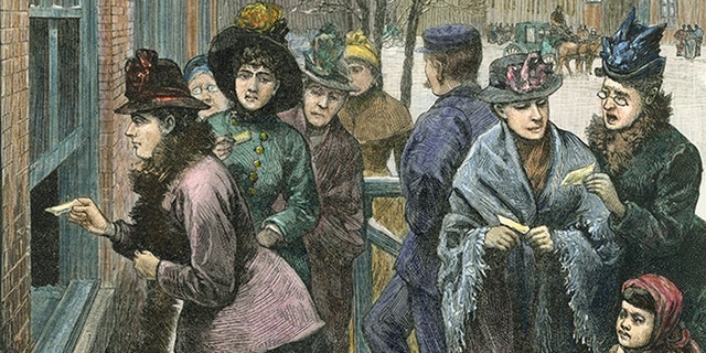 Titled "Scene at the polls in Cheyenne," this colorized engraving shows a group of women as they line up on the sidewalk to cast their ballots through an open window, in Cheyenne, Wyoming Territory, 1888.