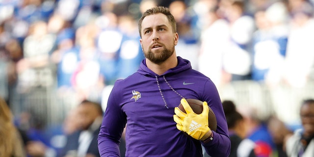 Adam Thielen of the Minnesota Vikings warms up prior to the NFC Wild Card playoff game against the New York Giants at U.S. Bank Stadium on January 15, 2023 in Minneapolis, Minnesota.