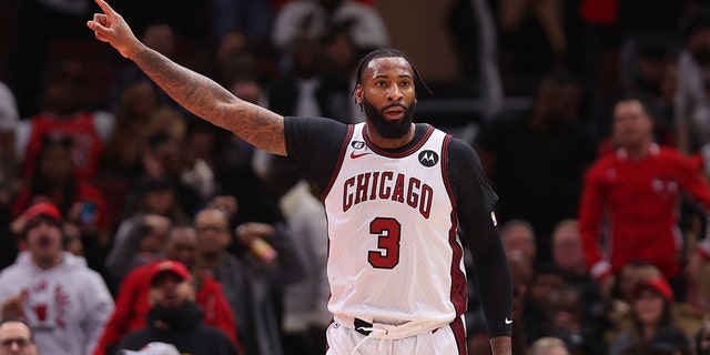 Andre Drummond, #3 of the Chicago Bulls, celebrates a basket against the Brooklyn Nets during the first half at United Center on Feb. 24, 2023 in Chicago.