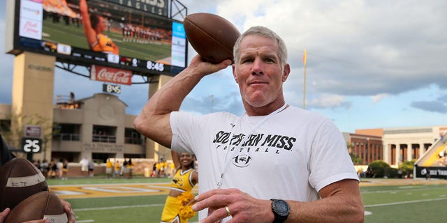 Hall of Fame quarterback Brett Favre throws before a game between the Southern Miss Golden Eagles and the Louisiana Monroe Warhawks at M.M. Roberts Stadium. Favre played for Southern Miss.