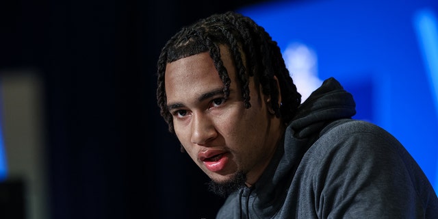 Quarterback CJ Stroud of Ohio State speaks to the media during the NFL Combine at Lucas Oil Stadium on March 3, 2023 in Indianapolis, Indiana.