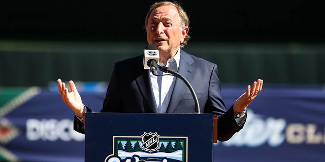 NHL Commissioner Gary Bettman addresses the media during a press conference for the NHL Winter Classic between the St. Louis Blues and Minnesota Wild at Target Field on Sept. 27, 2021 in Minneapolis.
