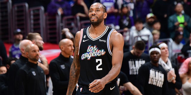 Kawhi Leonard of the LA Clippers smiles during a game against the Sacramento Kings Feb. 24, 2023, at Crypto.Com Arena in Los Angeles. 