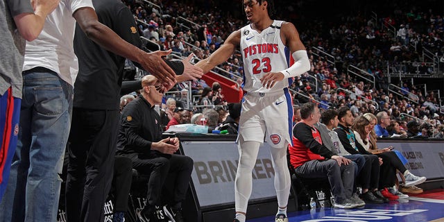 Jayden Ivey, #23 of the Detroit Pistons, walks off the court against the Chicago Bulls on March 1, 2023 at Little Caesars Arena in Detroit.