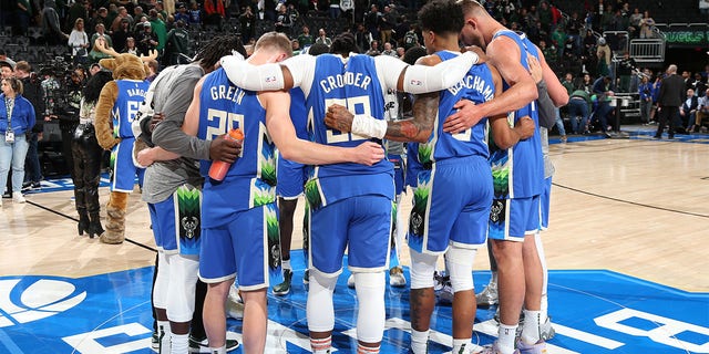 The Milwaukee Bucks huddle after a game against the Orlando Magic March 1, 2023, at the Fiserv Forum Center in Milwaukee. 