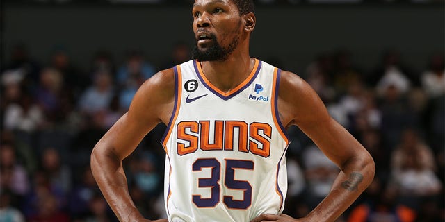 Kevin Durant of the Phoenix Suns during a game against the Charlotte Hornets March 1, 2023, at Spectrum Center in Charlotte, N.C. 