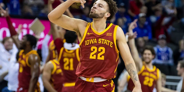 Iowa State guard Gabe Kalscheur (22) gestures after hitting a three point shot during the Big12 Tournament game between the Baylor Bears and the Iowa State Cyclones on Thursday March 9, 2023 at the T-Mobile Center in Kansas City, MO.
