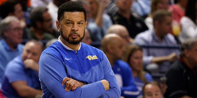 Head coach Jeff Capel of the Pittsburgh Panthers looks on during the first half of their game against the Duke Blue Devils in the quarterfinals of the ACC Basketball Tournament at Greensboro Coliseum on March 9, 2023 in Greensboro, North Carolina.